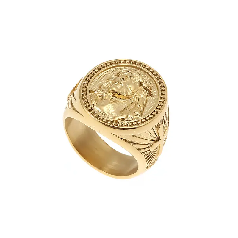 Male Christian Cross Graphic Ring - Polished Gold-Plated Stainless Steel Cross Emblem Crucifix Motif Hip Hop Religious Streetwear Statement Jewelry for Anniversary