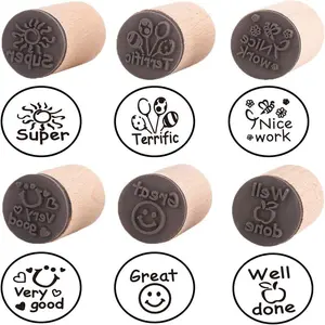 6pcs Round Wood Rubber Stamp English Toy Stamp for School Teachers