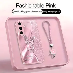 Suitable for [Galaxy S23 5g] high-end women's phone case🥰，a beautiful four-leaf clover lanyard is included🍀，A beautiful, sophisticated printed butterfly pattern—not sequins YM99