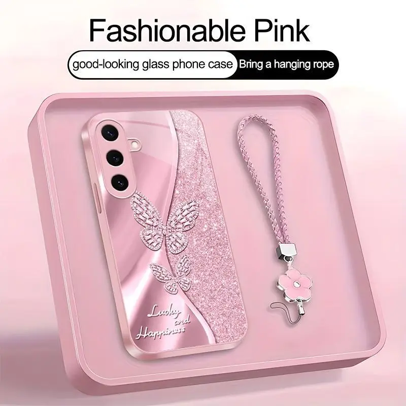 Suitable for [Galaxy S23 5g] high-end women's phone case🥰，a beautiful four-leaf clover lanyard is included🍀，A beautiful, sophisticated printed butterfly pattern—not sequins YM99