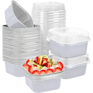 50 count Aluminum Foil Mini Square Baking Cups with Lids,5oz Disposable Ramekins Cake Pans,Cupcake Baking Cups Containers for Bread Muffin Brownie Cheesecake,White