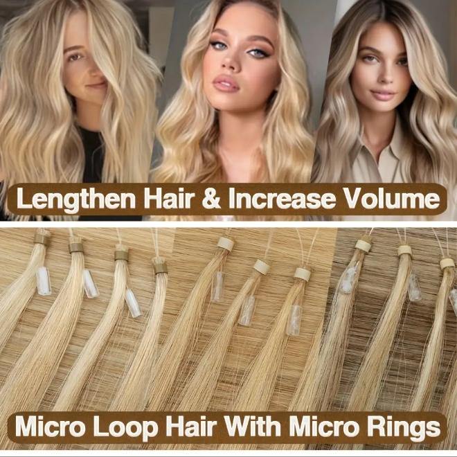 50Pcs Micro Loop Human Hair Extensions, 1g/Strand 50g Total, 100% Remy Hair, Natural Black #1 with Blonde Highlights, 12-28 Inches Straight Smooth, Seamless Beads for Protective Styling