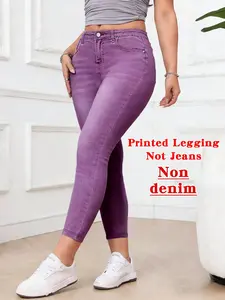 Women's Printed Leggings, Fashionable Fake Jeans Tight Pants, Elastic Print, All-Season Wear, Elegant Style, Womenswear