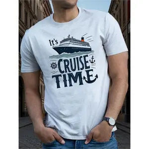 Men's "Cruise Time" Printed T-Shirt - Casual Short Sleeve Summer Top, Decorated with Anchor Pattern, Light Beige Tone, Perfect for Nautical Theme Outfits, Cruise Theme Design