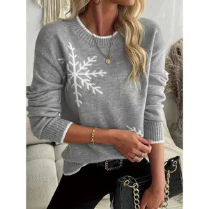 Women's Autumn Winter Warm Cold-Proof Polyester Fabric Long-Sleeve Round Neck Pullover Sweater - Snowflake Print, Casual Tops for Daily Festival Home Indoor Wear