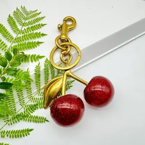Glitter Cherry Bag Charm with Key Ring and Clip – Sparkling Resin & Metal Accessory for Purses and Bags