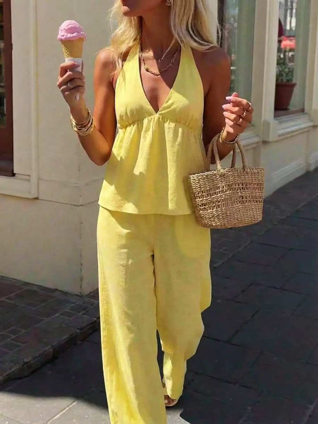 Women's Summer Casual Chic Vacation Solid Color Halter Neck Backless Camisole and Wide Leg Pants Set, Slim Fit, Adjustable Straps, Clothes