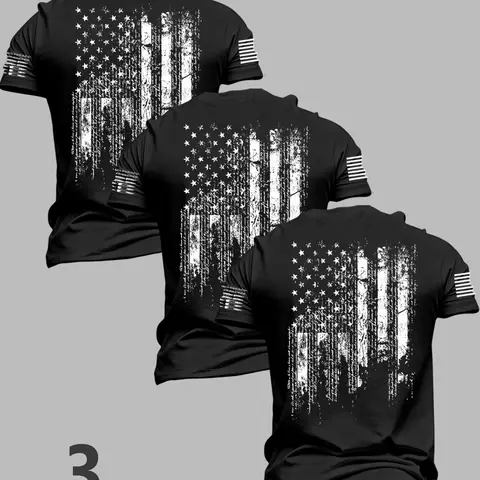 Men's Summer Flag Series Short Sleeve Casual T-Shirt Tops, Vintage Distressed Usa Flag Print, Fitted Long Tee, Perfect for Daily Wear, Menswear, Streetwear