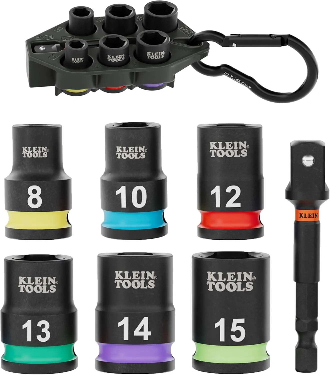 Klein Tools 33808M Grab-And-Go Impact Socket Set, Metric, 7-Piece Set with Sleeve, Carabiner, 3/8-Inch Drive, Color-Coded 8 mm, 10 mm, 12 mm, 13 mm, 14 mm, 15 mm Sockets