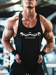 Athleisure Men's Graphic Gym Tank Top, Sleeveless Activewear, Moisture-Wicking Sleeveless T-Shirt for Gym Workouts, Urban Streetwear & Daily Casual Wear, Trendy Barbell Print Y-Back Muscle Tee with Stretchy Fit, Style Meets Function Gym Wear Slim Fit