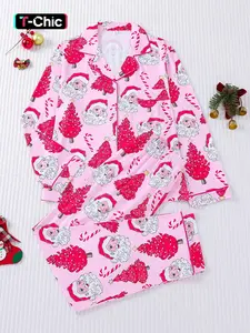 2-piece set of stars, Christmas trees, candy canes, Santa Claus, comfortable Cute Halloween soft Knitted top, small pocket button top, elastic waistband, suitable for all seasons, home, Loungewear, sleepwear, Pajamas, clothing