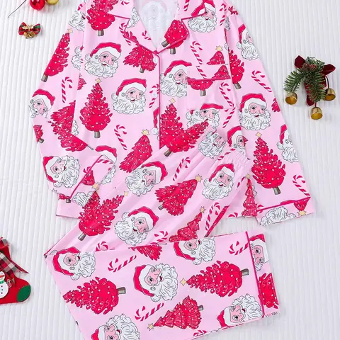 2-piece set of stars, Christmas trees, Cute soft Knitted top, small pocket button top, elastic waistband, suitable for all seasons, home, Loungewear, sleepwear, Pajamas, Cute Pajama Sets, womenswear
