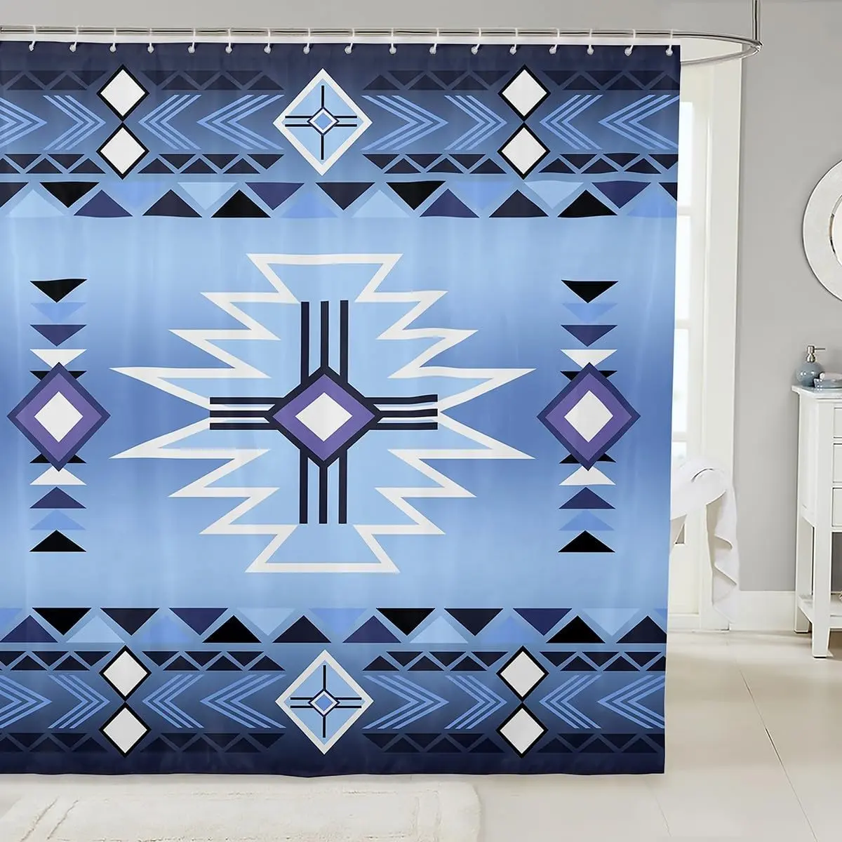 Blue Aztec Tribal Arrow Stripes Shower Curtain - Southwestern Bathroom Curtain & Adults - Waterproof,Vintage Cowboy Style -