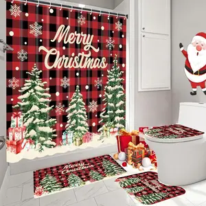 4 Pcs Christmas Shower Curtain Set Red Buffalo Plaid Bathroom Sets with Non-Slip Rugs Toilet Lid Cover Bath Mat with 12 Hooks Christmas Tree Shower Curtain for Xmas Winter Holiday Bathroom Home Decor