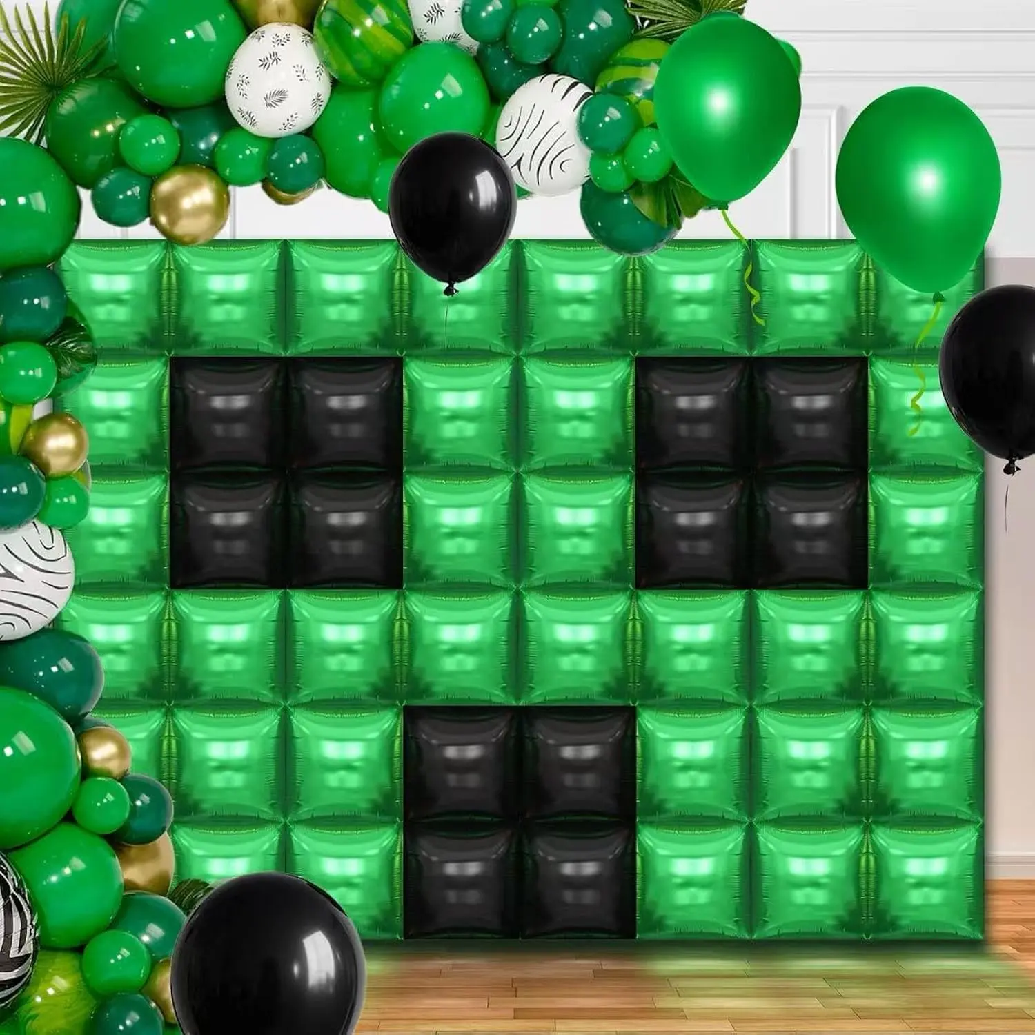 50PCS Video Game Square Balloon Arch Kit with Green & Black Double-Sided Foil Balloons for Anniversary & Halloween Parties