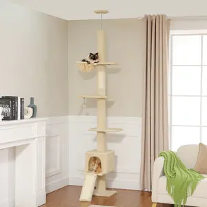 Floor Standing Cat Tree Tower, Height Adjustable (83"-108"), Indoor Cat Climbing Tree with Scratching Post and Cat Ladder