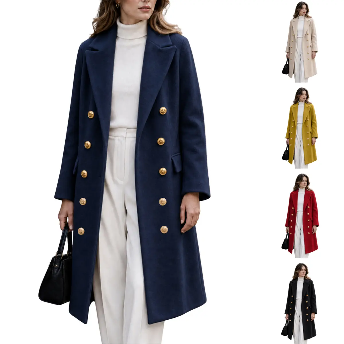 Molitree Women's Wool Blend Coat Fall Winter Double Breasted Long Peacoat Casual Midi Trench Coat with Pockets