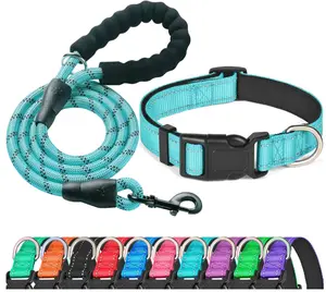 Reflective Dog Collar Padded with Soft Neoprene Breathable Adjustable Nylon Dog Collars for Small Medium Large Dogs (Medium (Pack of 1), Blue Collar+Leash)
