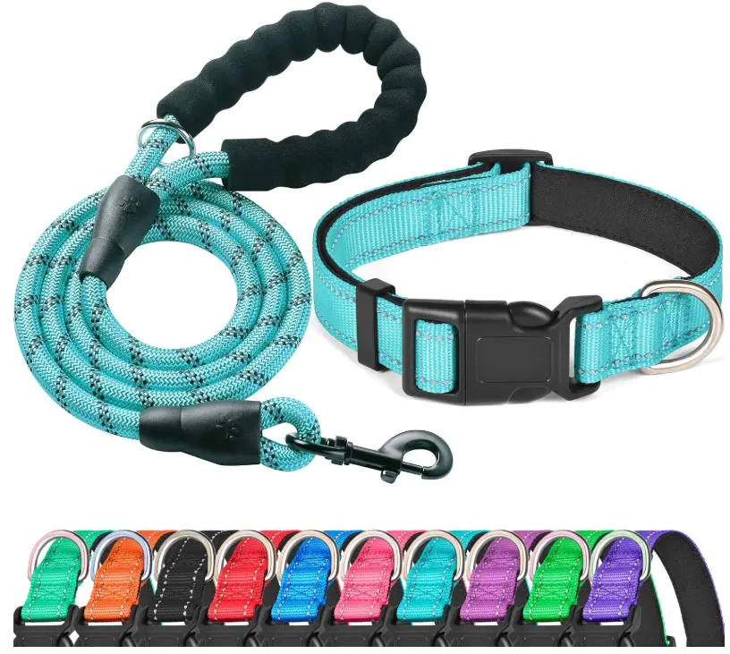 Reflective Dog Collar Padded with Soft Neoprene Breathable Adjustable Nylon Dog Collars for Small Medium Large Dogs (Medium (Pack of 1), Blue Collar+Leash)