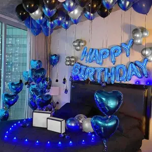 62pcs Blue Birthday Party Decoration Set with PET Material Happy Birthday Balloon Banner & Latex Balloons for Blue Themed Party Supplies Foil Kit squirrel  balloon Valentine's Day Heart Shaped