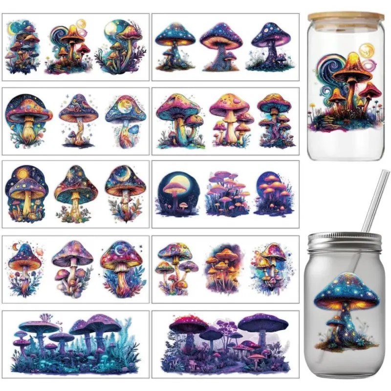 10 Sheets Fantasy Mushroom Transfer Paper, 4.3x9.5 inches Starry Mushroom Transfer Stickers Waterproof PVC Decals for DIY 16OZ Glass Cups Furniture Window Decoration Stickers
