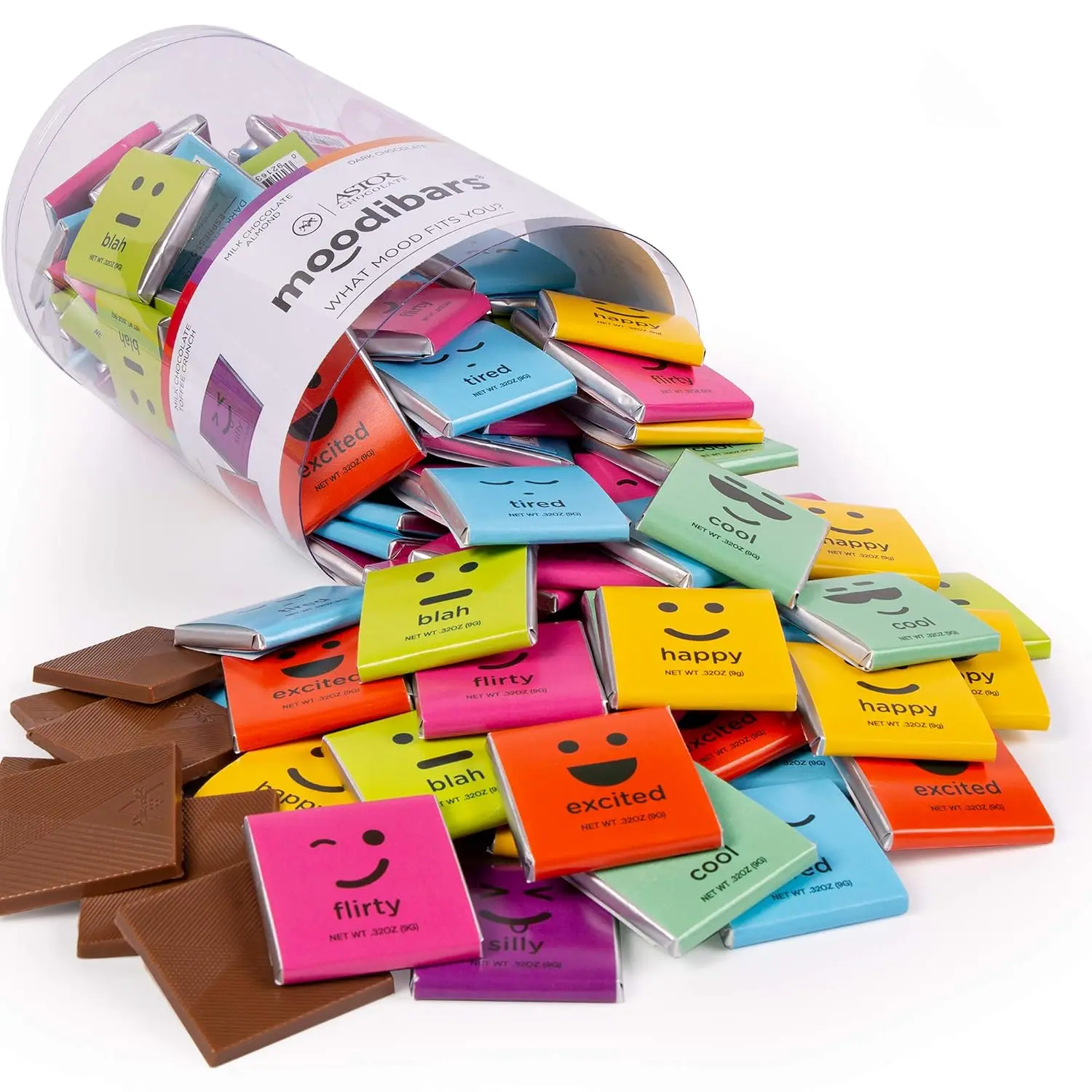 Moodibars by Astor Chocolate 120-Count Bucket, Individually Wrapped Belgian Milk & Dark Chocolate Squares, Emoji Chocolate Assortment for Gifting, Parties & Office, 38.4 oz