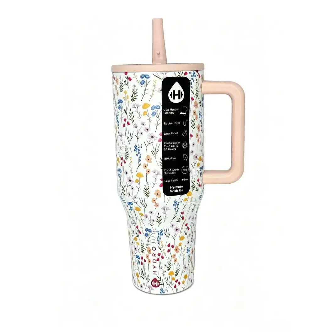 Hydro Flask Floral Pattern Tumbler with Pink Handle portable flask 40oz Hydro Flowers Ins Style  Stainless Steel Tumbler - Vacuum Sealed Coffee Cup with Straw, Portable Travel Stuff, Cup Holder-Fit Reusable Drinkware Portable Car Mug for Women & Adults