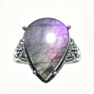 Adjustable 925 Sterling Silver Teardrop Purple Labradorite Statement Ring (16.4×12mm)