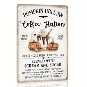 Vintage Pumpkin Hollow Coffee Station Metal Sign in 2D Flat Design Perfect for Rustic Farmhouse Decor Ideal for Halloween and Christmas Celebrations