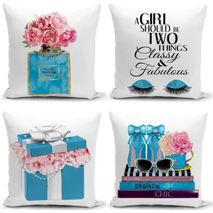 Set of 4 18x18 Blue Teal Throw Pillow Covers Fashion Soft  Couch Bed Decorative Pillow Covers  Flower Perfume Words Eyelash Cute Accent Pillow Covers Teen Girls Bedroom Decor (Blue)