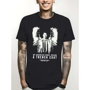 BDHJYDB Supernatural Castiel Guardian Angel Graphic Tee, 100% Cotton Crew Neck T-Shirt, Casual All-Season Knit Fabric Top with Geometric Pattern, Regular Fit Pullover for Adults - 220g