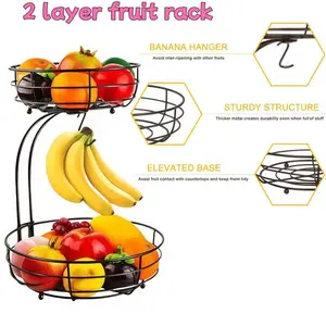 Double Countertop Fruit and Vegetable Basket, Multi Functional Storage Rack with Banana Hooks for Bread, Snacks and Produce
