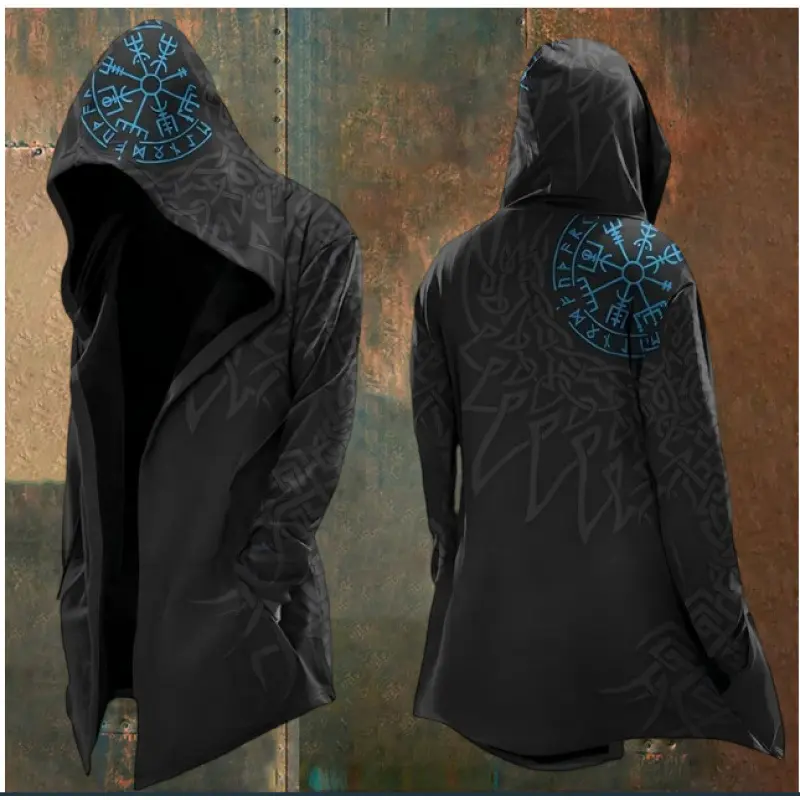 Men's Soft Loose Long Viking Rune Print Polyester Hooded Coat - Ghost Skull Spooky Costume, Dark Aesthetic Fully Lined Premium White Interior Menswear Clothes