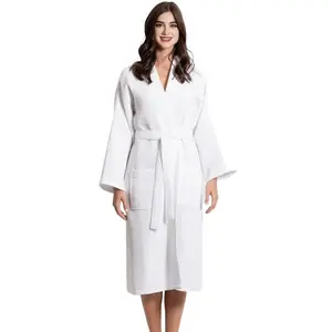 TowelSoft Women's Waffle White Long Premium Cotton Blend Bathrobe - Women's Womenswear Gown Breathable Kimono