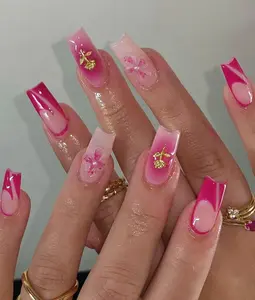 French Tips with Pink Flower Press On Nails, 3D Gel Nails, Pink Nails, Custom Nail Art, Holiday Nails, Fake Nail Designs, Spring Nail Set.