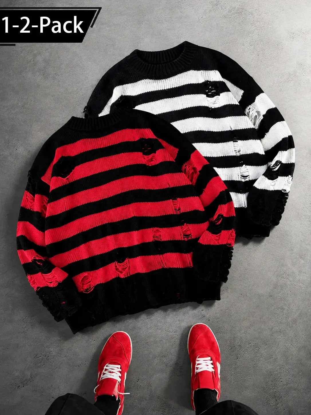 1-2 Pack Men's Distressed Striped Knit Sweater, Oversized Crewneck Pullover with Ripped Hole Detail, Y2K Grunge Streetwear Long Sleeve Top, Casual Loose Fit Fall Winter Jumper for Men, Black Red or Black White Alternative Fashion Outfit, Trendy Style