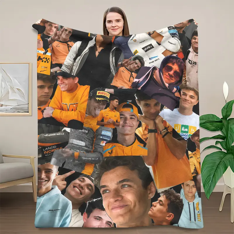 Lando Norris Photo Collage Throw Blanket, F1 McLaren Racing Driver Collage Flannel Fleece Throw Blanket, Home Decor Blanket, Gift For Formula 1 Lando Norris Fans