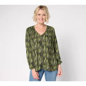 Belle by Kim Gravel Micropleat V-Neck Printed Blouse