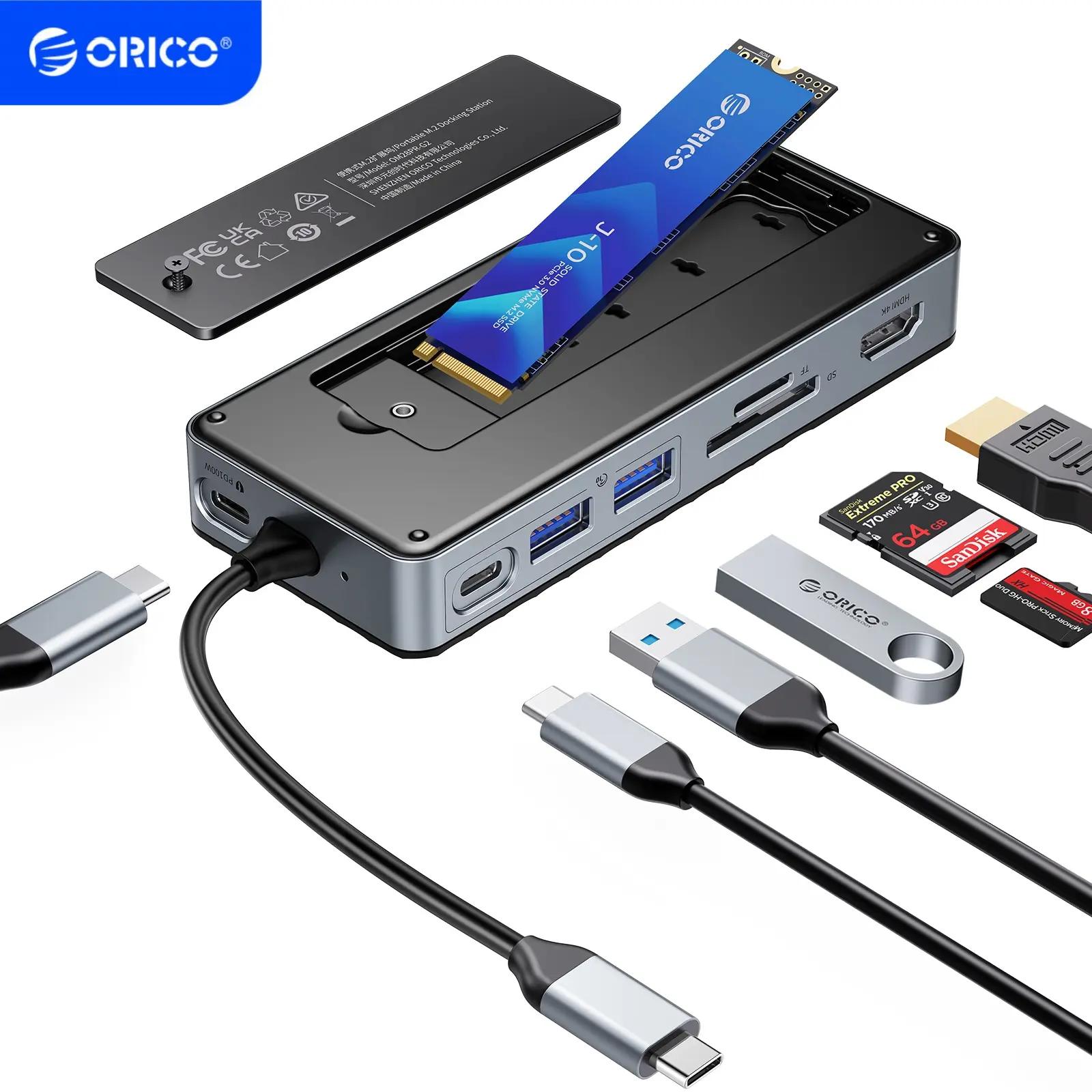 ORICO USB-C Hub with M.2 SSD Enclosure, 8-in-1 USB C Docking Station Fits M.2 NVMe/SATA SSD, 10Gbps, 4K@60Hz HDMI, 100W PD, SD/TF Card Reader-OM28P