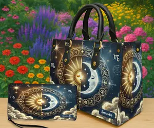 Personalized Sun & Moon Art Handbag & Wallet Options – Custom Name Design, Celestial Style Illustration with Gold Circular Symbols on Deep Blue Background, Elegant Top Handle Purse or Zipper Wallet, Artistic Gift for Her