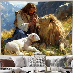 1pc 2D Flat Peaceful Jesus Lion and Lamb Wall Tapestry Suitable for Living Room Bedroom Office and Party Decorations No Electricity Required Suede Fabric 80g Weight Horizontal Orientation