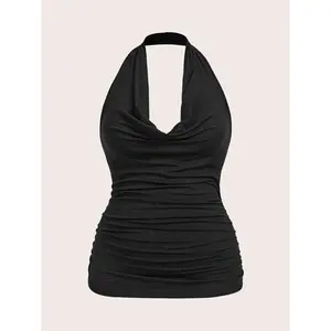Plus Size Solid Color Halter Neck Simple Fitted Casual Tops