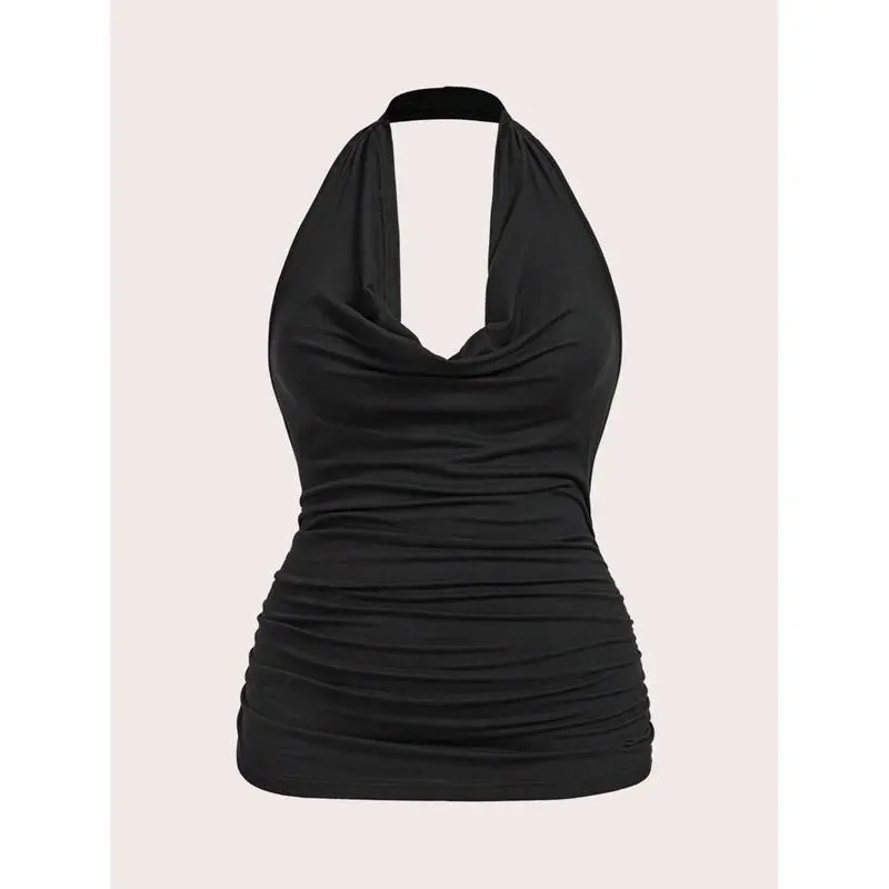 Plus Size Solid Color Halter Neck Simple Fitted Casual Tops