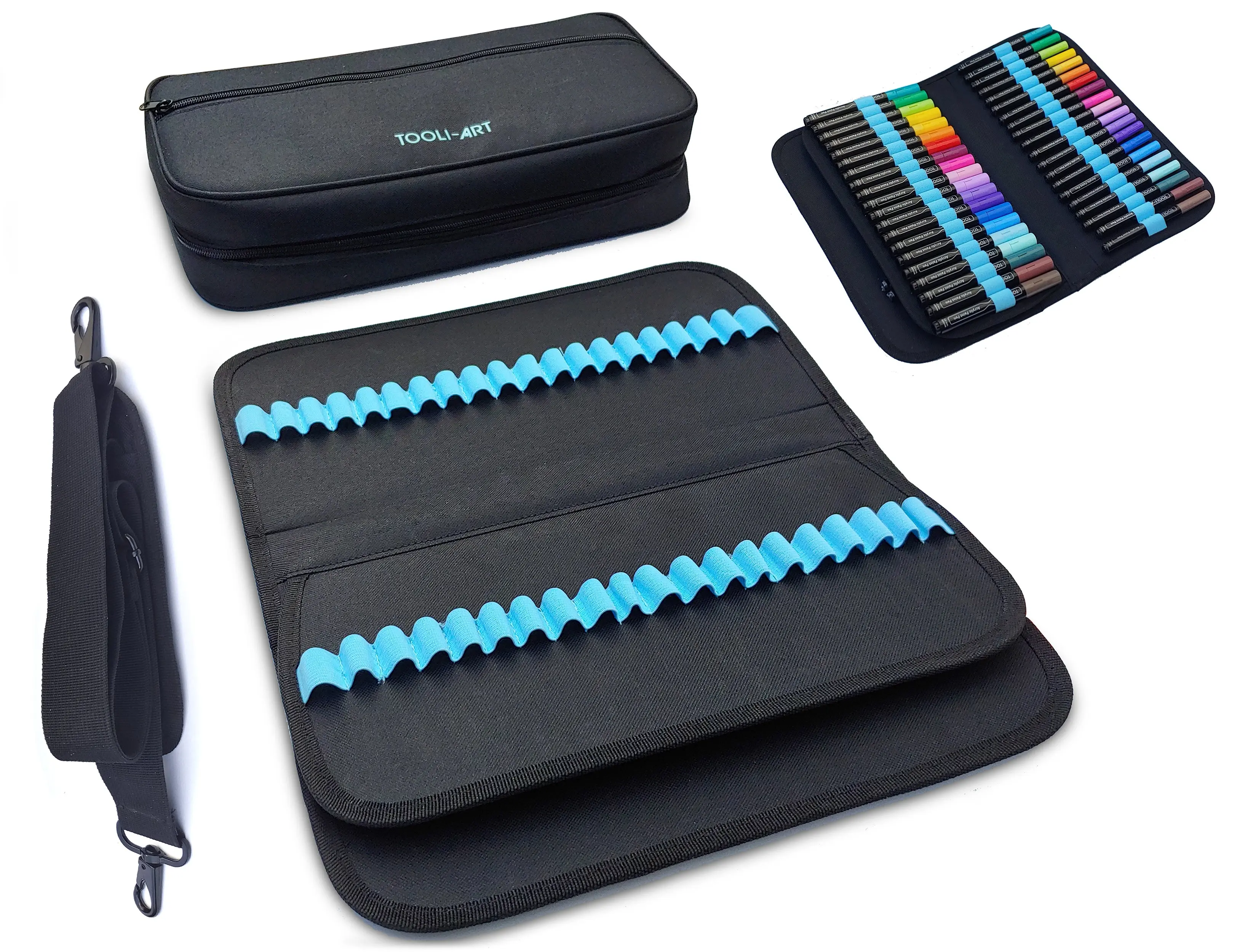 TOOLI-ART Marker & Pen Carrying Case -120 Slots, Black Canvas, Trolley Sleeve