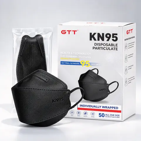 GTT Adult KN95 Protective Respirator Masks (200pcs Individually Packaged) - 4-Layer Non-Woven M2.5 Filter Healthcare PPE, 3D Stereo Design, Wide Adjustable Straps, Adjustable Nose Clips, Foldable, Black/White, 24-Month Shelf Life, Wedding/Business Use