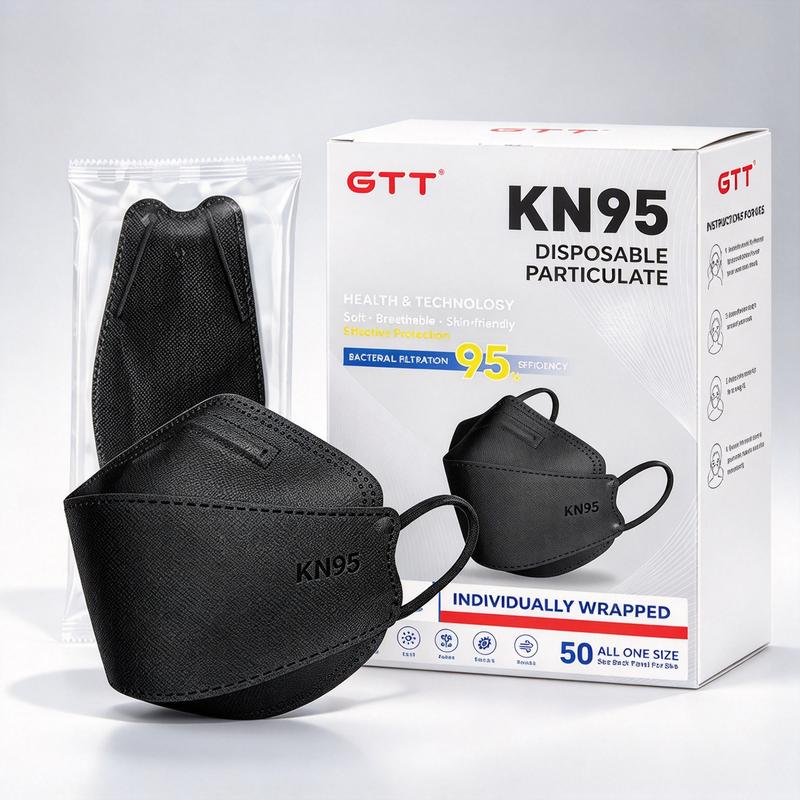 GTT Adult KN95 Face Masks (200pcs Individually Packaged) - 4-Layer Non-Woven Healthcare Dustproof PPE, 3D Stereo Design, Wide Adjustable Straps, Adjustable Nose Clips, Foldable, Black/White, 24 Months Shelf Life, Casual/Engagement Daily Use