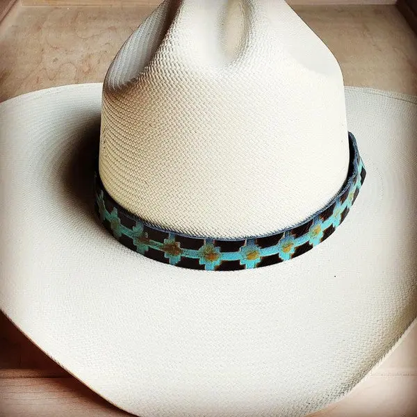 Genuine Leather Hat Band, Blue Navajo Embossed Design for Cowboy Hats, Unisex 1 Inch Wide Adjustable Accessory, Made in Texas, Casual, Simple, Embossed Hide, Handmade, Clothes