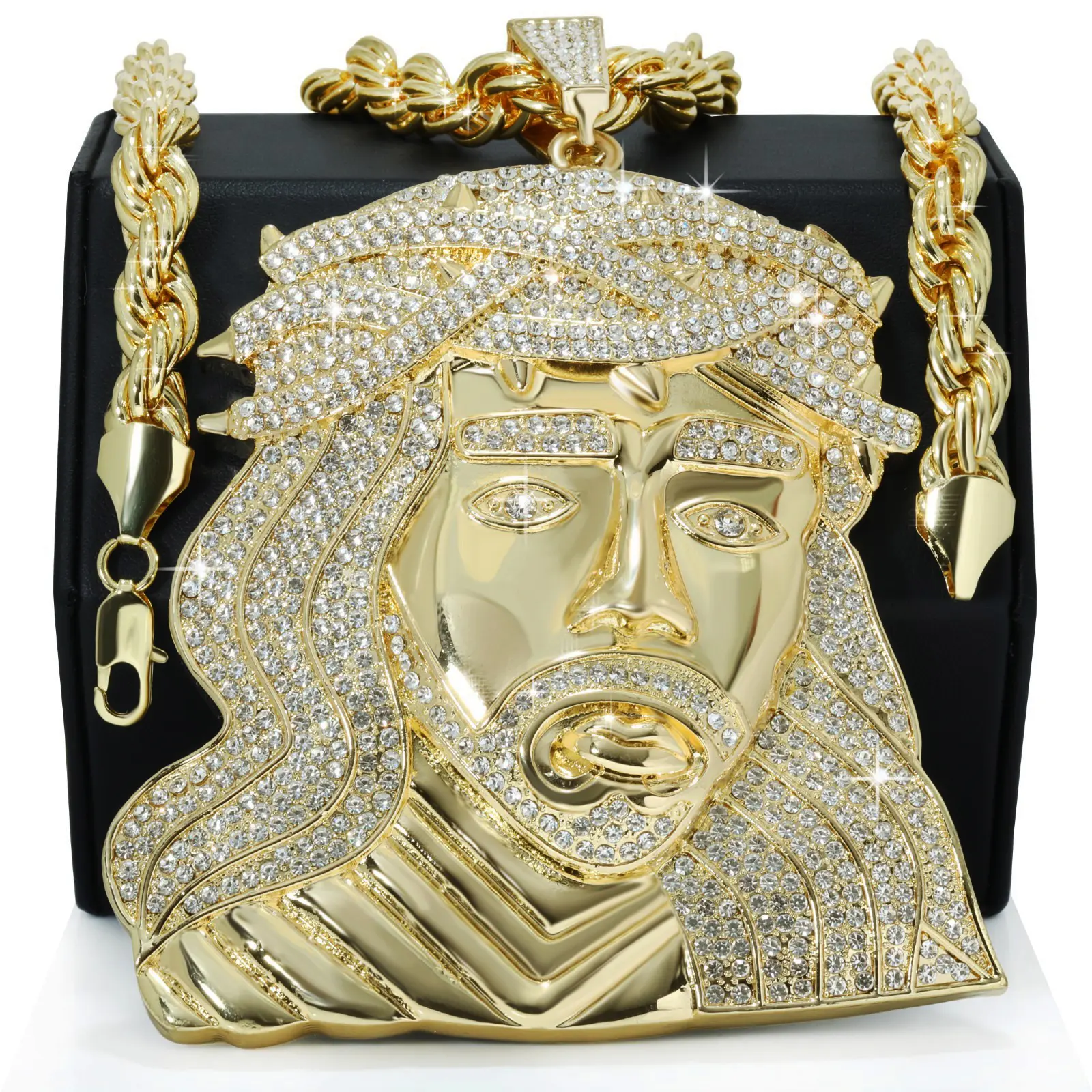 MaxBling81 Men's Statement Religious Necklace, Jumbo 5" x 4" CZ Jesus Face Hip Hop Pendant with 8mm 24" Rope Chain, Brand New, Casual, Chain & Link, Daily Wear, Chunky Gold Jewelry Style, One-Piece