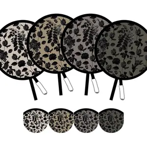 4 Pack Elegant Black Plant Foldable Hand Fans, Versatile Round Handheld Fans for Travel, Events, Indoor and Outdoor (Black)