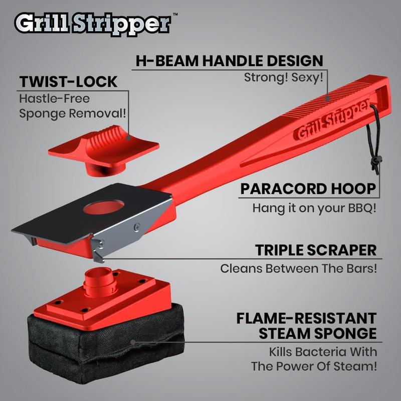 GRILL STRIPPER Bristle Free Grill Brush For Outdoor Grill - Steam Grill Brush Bristle Free with Patent Pending Triple Scraper and Dishwasher Safe Replaceable Fire Resistant Steam Sponge